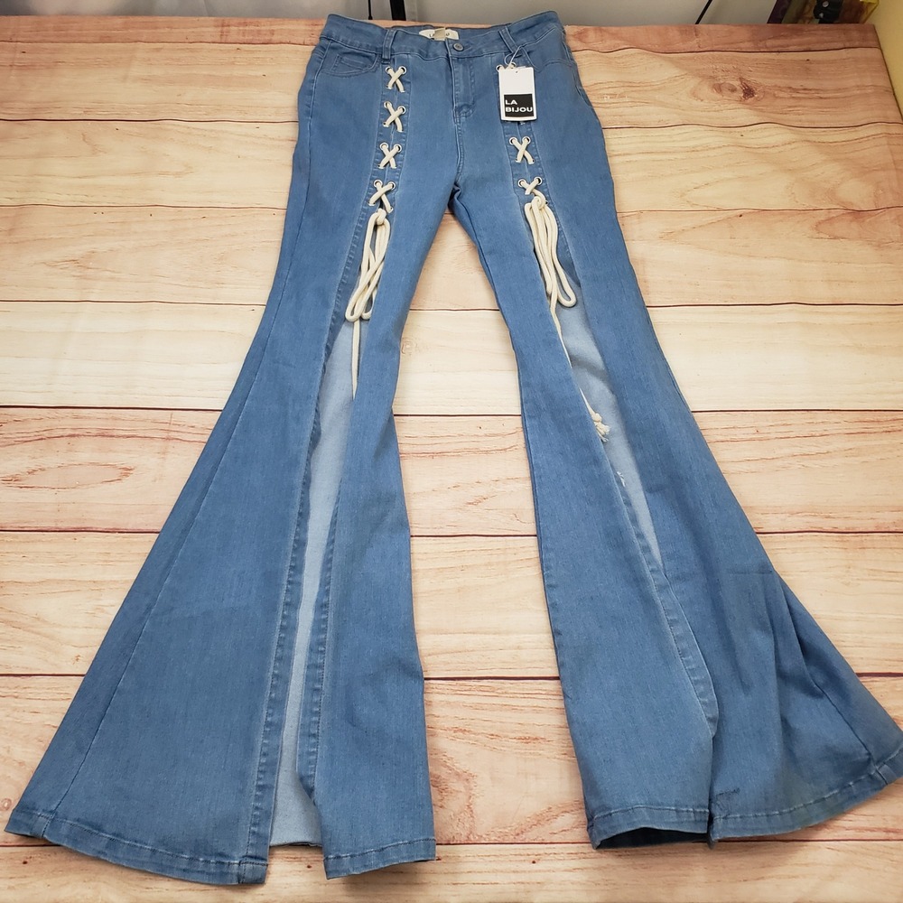 La Bijou‎ Jeans Womens Large Lace Up Flare Bell Bottom Blue Medium Wash NWT